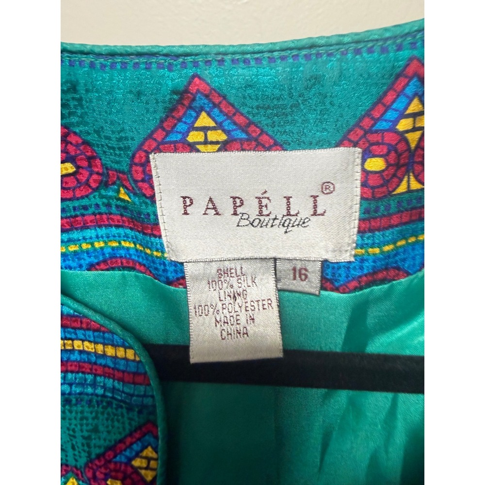 Papell Boutique Silk Blazer Jacket Teal Geometric Print Womens Size 16 - Picture 2 of 6